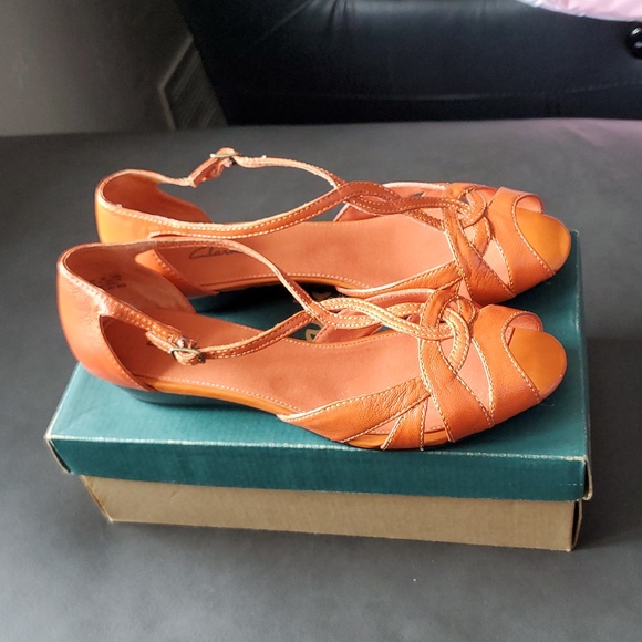 Clarks Orange Leather Heel Sandals Strappy Ankle Straps Halloween Witch Shoe? - Picture 2 of 15